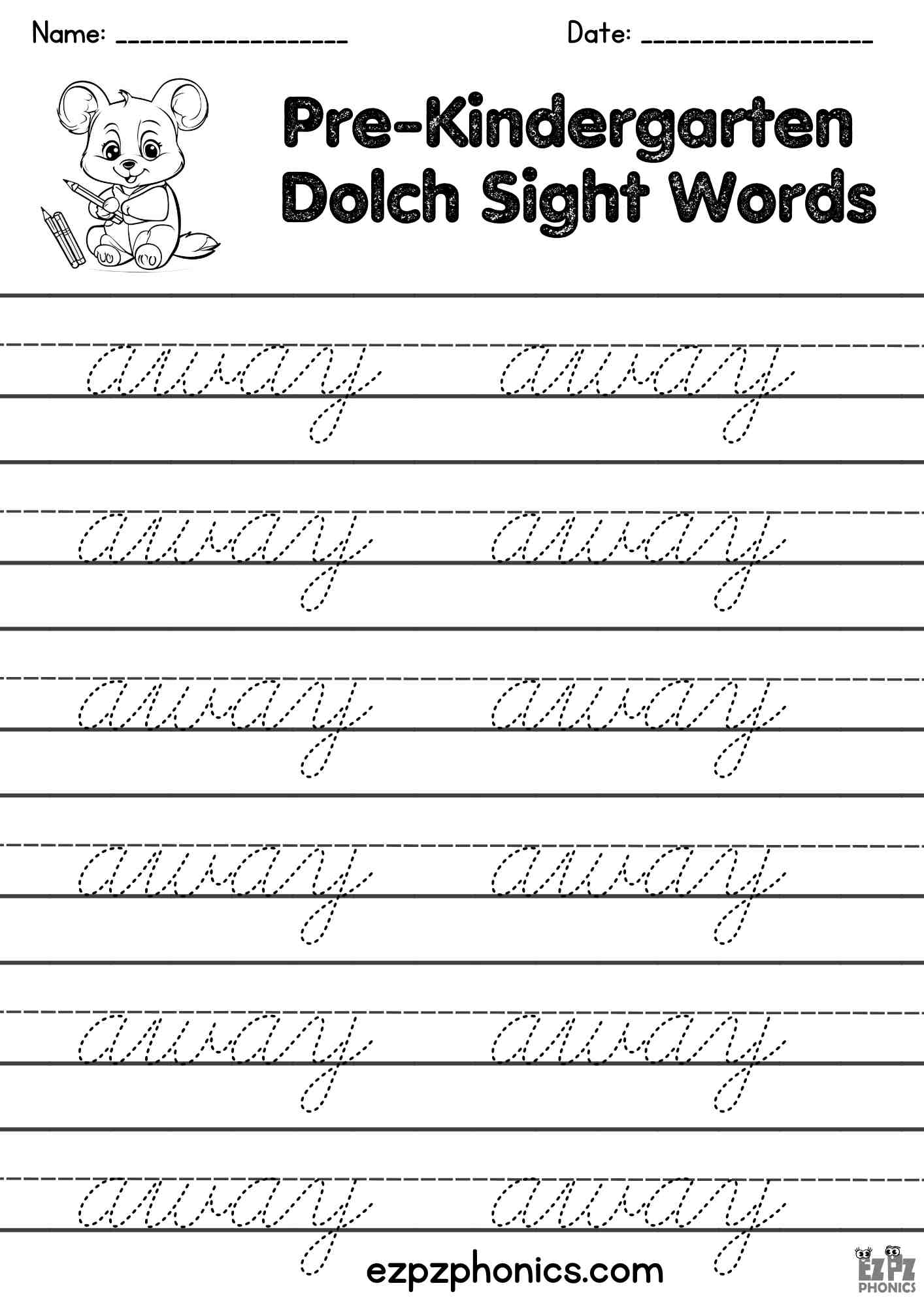 The Word Away Cursive Writing Practice – Pre-K Dolch Sight Words | Free PDF Download